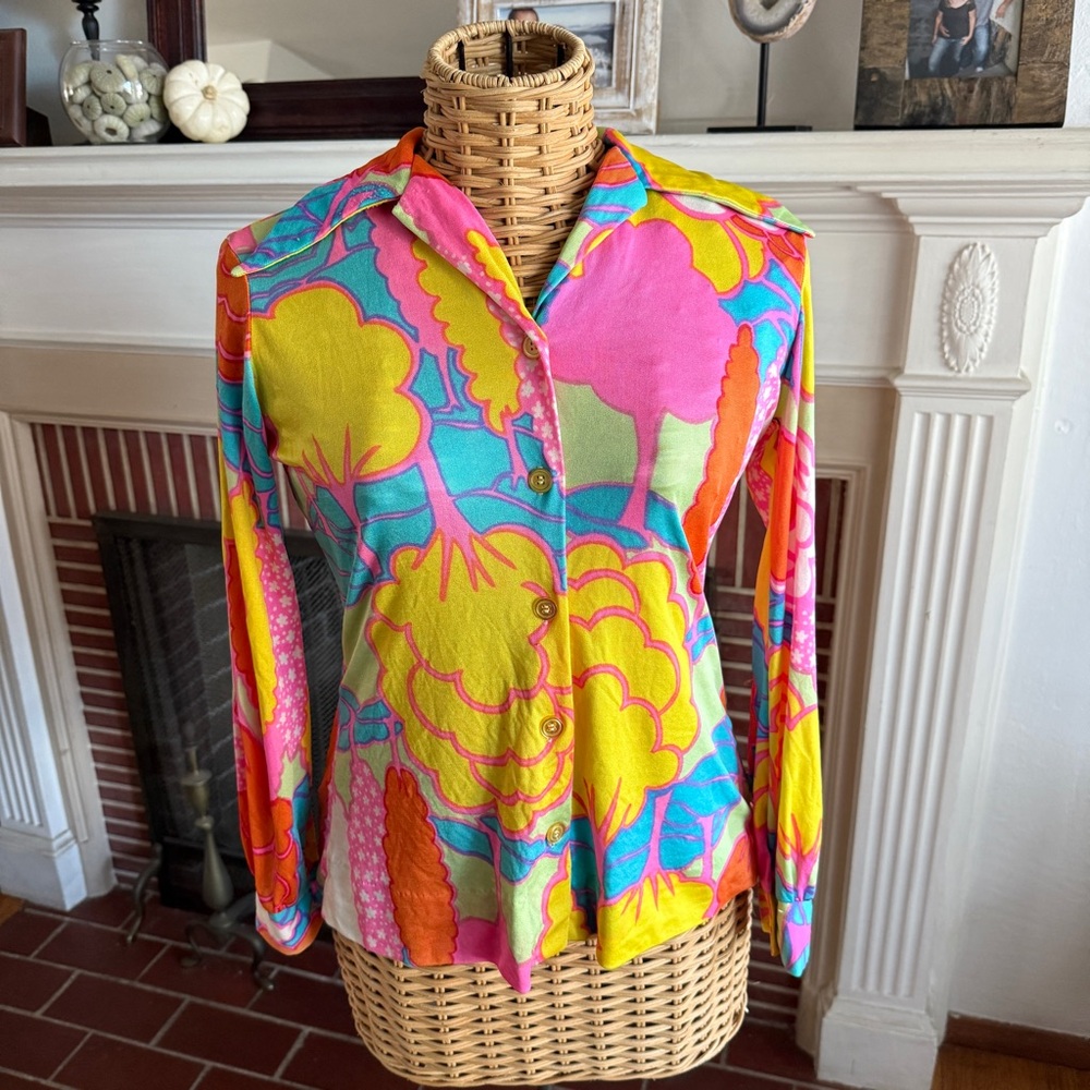70’s Alice Stuart mod colorful hippie vintage button shirt - Picture 4 of 11